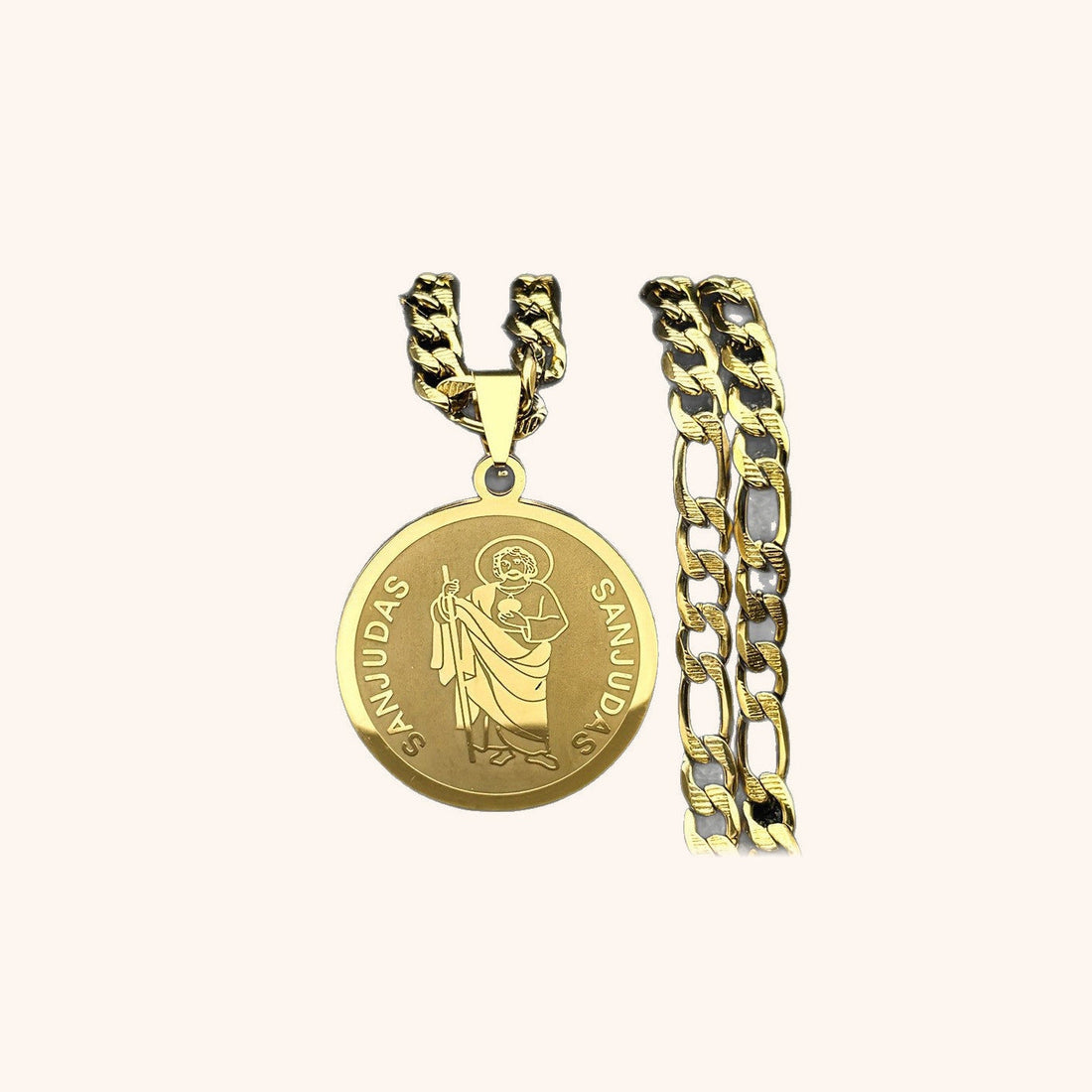 Medalla redonda de tono dorado con la imagen y la inscripción San Judas, junto a una cadena.