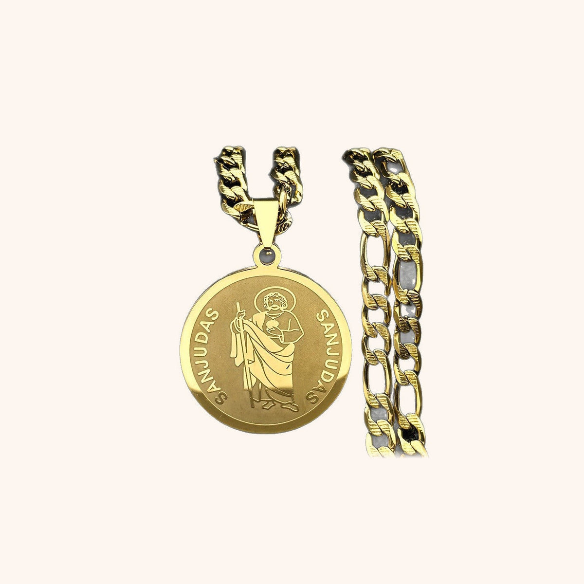 Medalla redonda de tono dorado con la imagen y la inscripción San Judas, junto a una cadena.