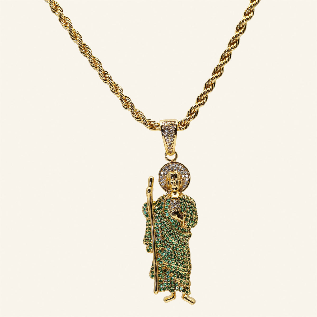 San Judas Tadeo iced figure, green CZ robe, on a gold-plated rope chain, full necklace view