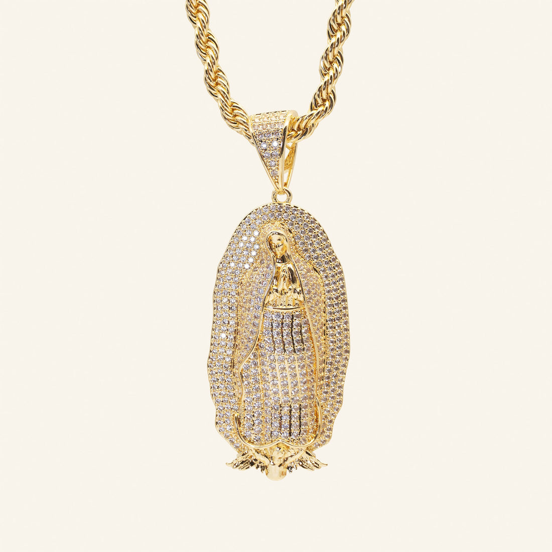 Collar de la Virgen de Guadalupe con circonitas en cadena torzal dorada