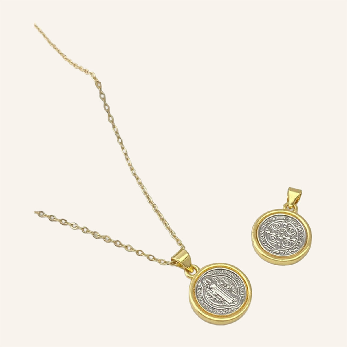 San Benito Two-Tone Medal Necklace – Silver Center, Gold Rim, Fine Chain – 3