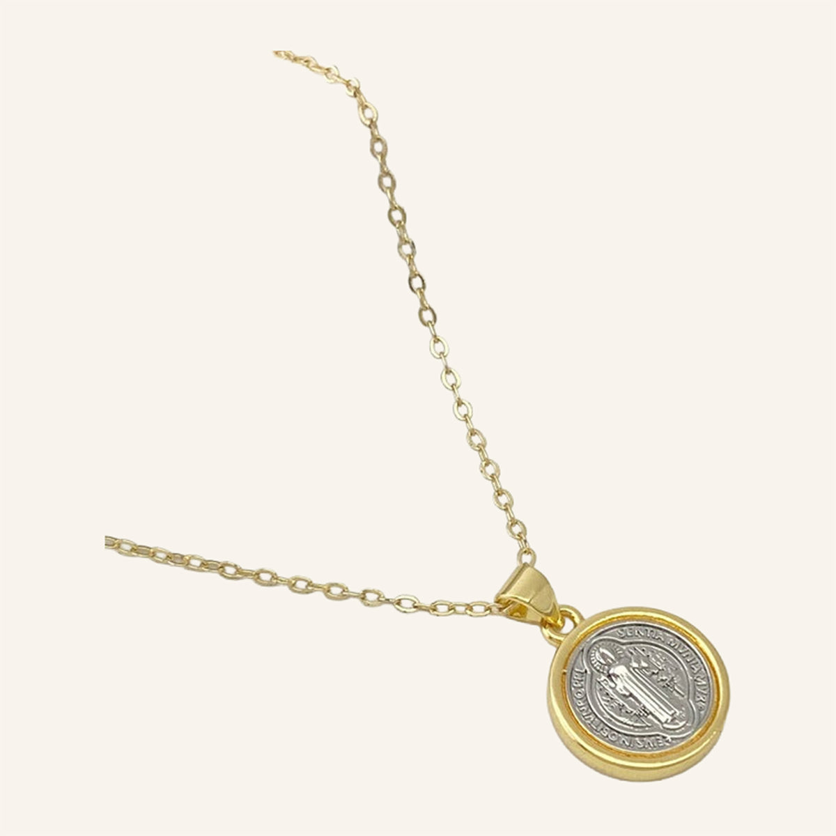 San Benito Two-Tone Medal Necklace – Silver Center, Gold Rim, Fine Chain – 2