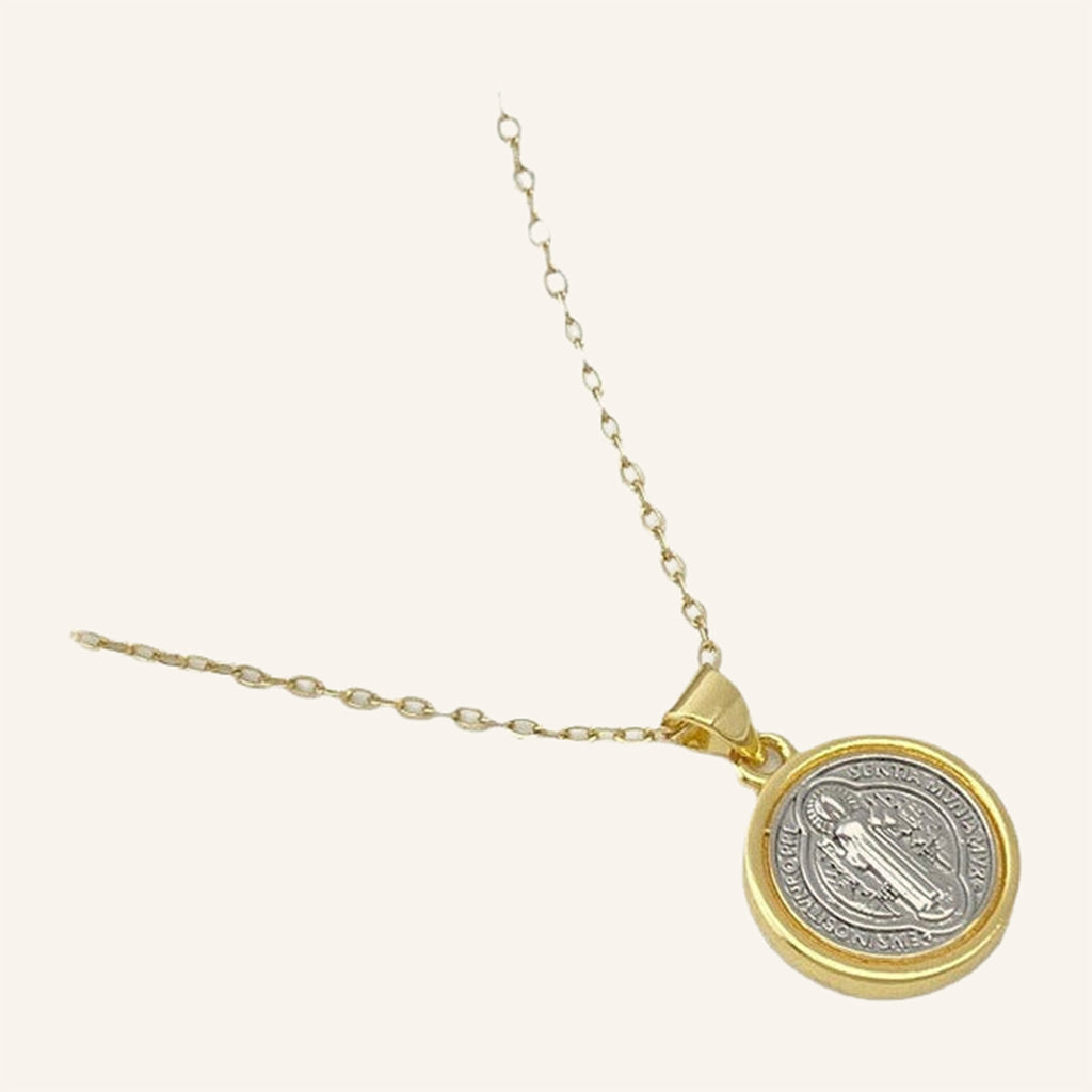 San Benito Two-Tone Medal Necklace – Silver Center, Gold Rim, Fine Chain – 4