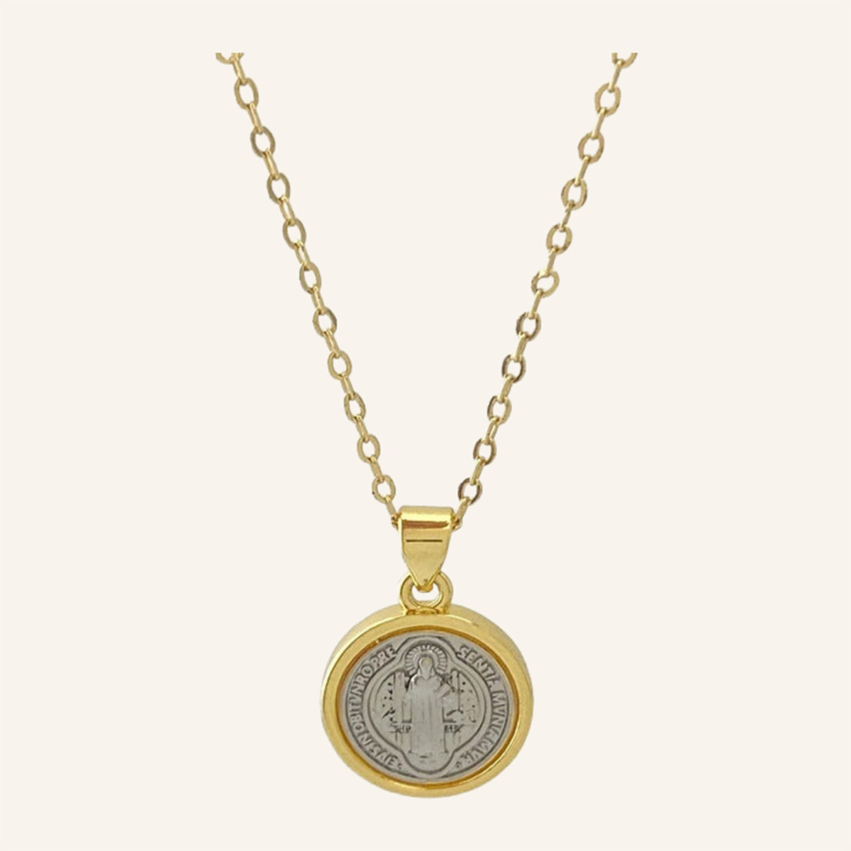 San Benito Two-Tone Medal Necklace – Silver Center, Gold Rim, Fine Chain