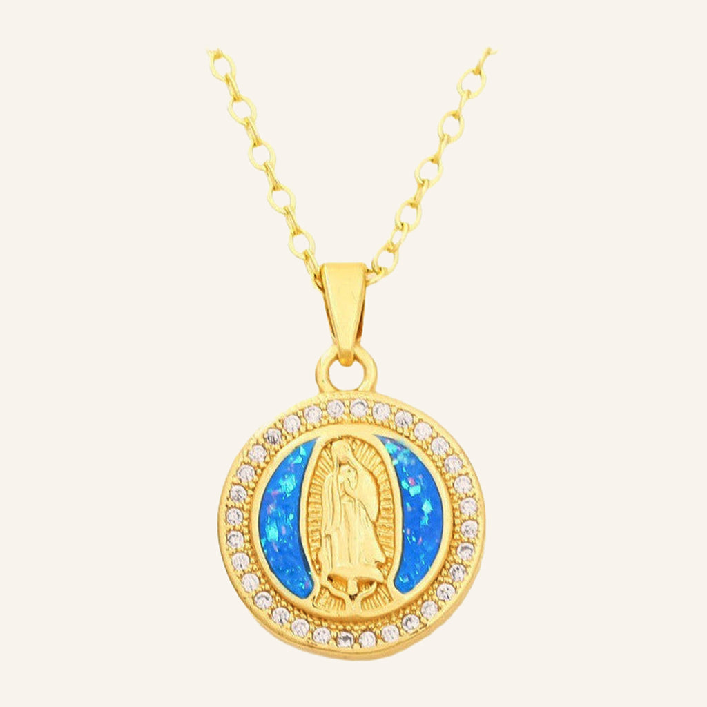 Virgen de Guadalupe Blue Opal Necklace – CZ Ring, Fine Chain