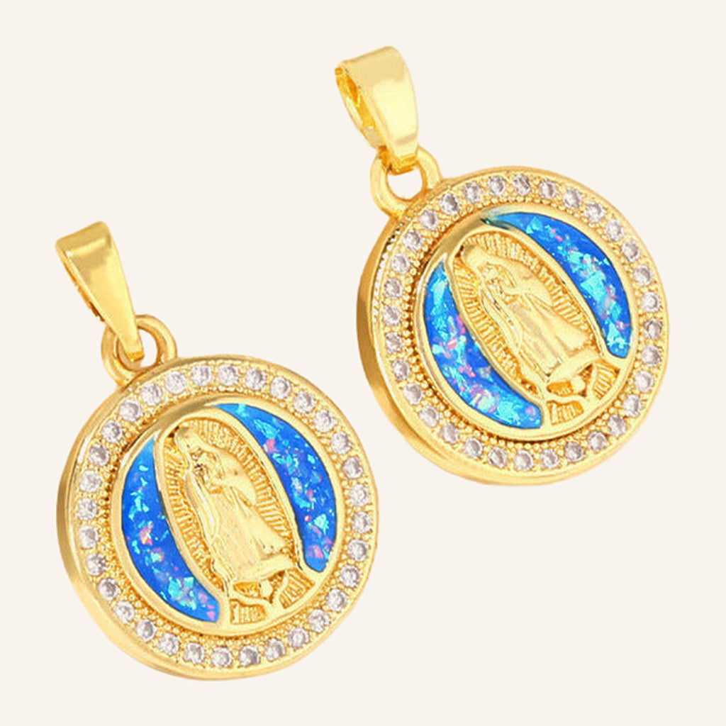 Virgen de Guadalupe Blue Opal Necklace – CZ Ring, Fine Chain – 4