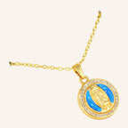 Virgen de Guadalupe Blue Opal Necklace – CZ Ring, Fine Chain – 3