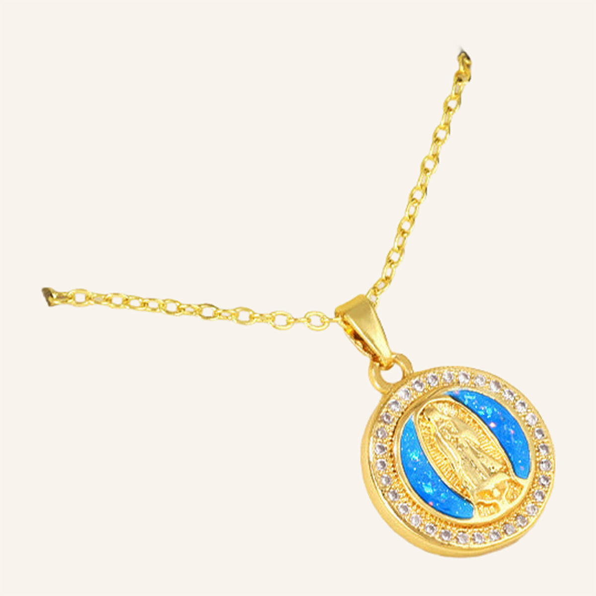 Virgen de Guadalupe Blue Opal Necklace – CZ Ring, Fine Chain – 3