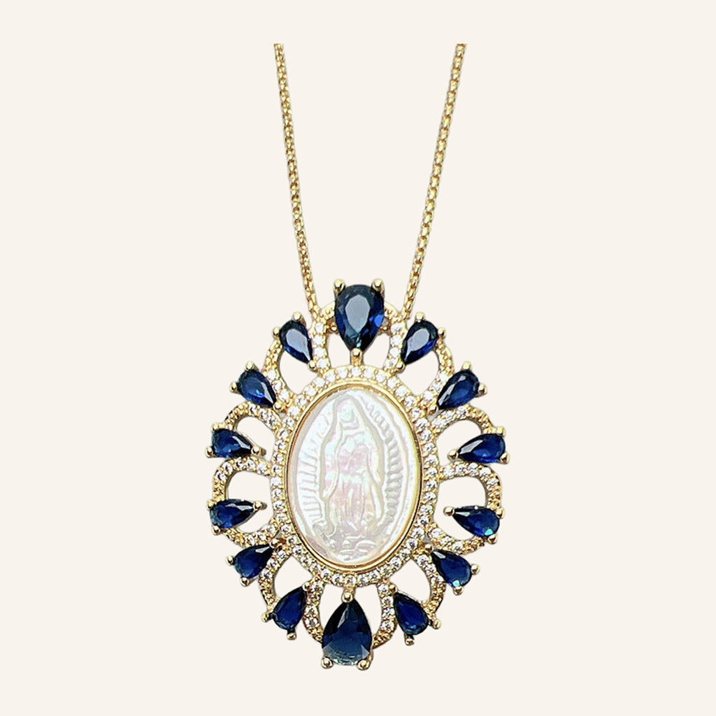 Virgen de Guadalupe Blue Teardrop Necklace – Pearly Oval, CZ Halo