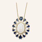 Virgen de Guadalupe Blue Teardrop Necklace – Pearly Oval, CZ Halo