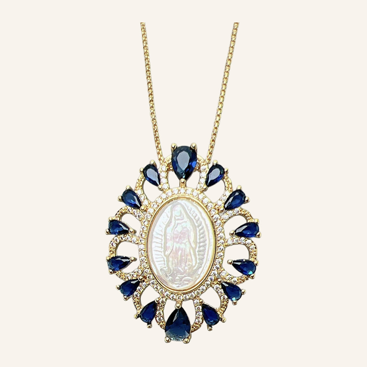 Virgen de Guadalupe Blue Teardrop Necklace – Pearly Oval, CZ Halo