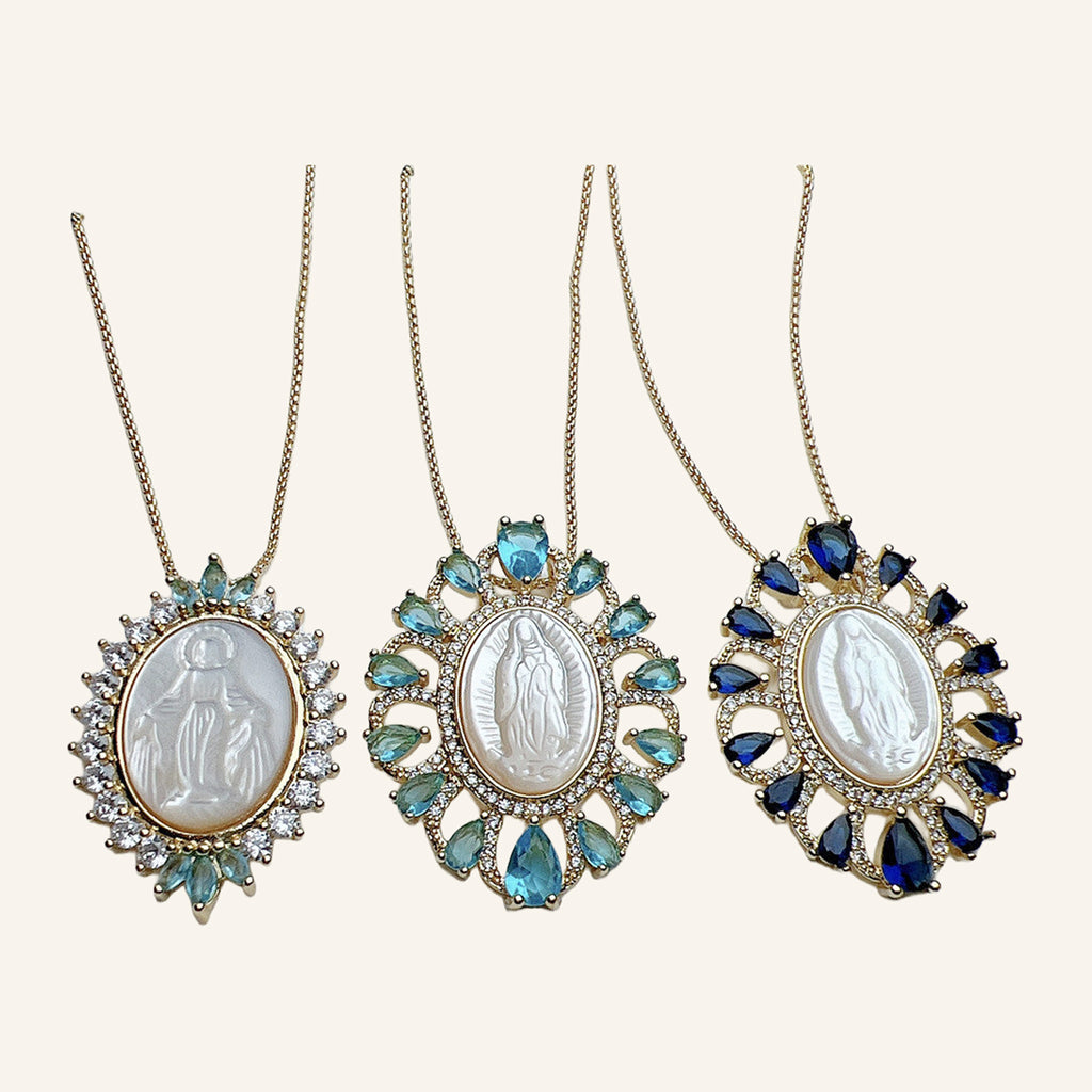 Virgen de Guadalupe Blue Teardrop Necklace – Pearly Oval, CZ Halo – 3