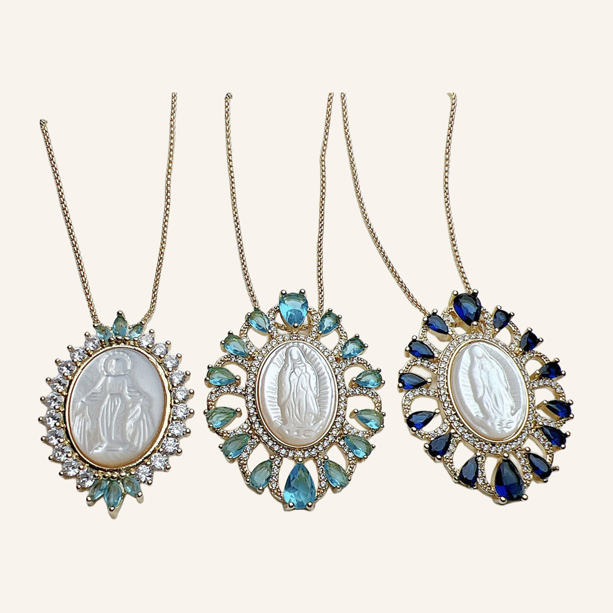 Virgen de Guadalupe Blue Teardrop Necklace – Pearly Oval, CZ Halo – 3
