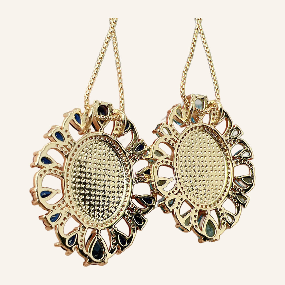 Virgen de Guadalupe Blue Teardrop Necklace – Pearly Oval, CZ Halo – 4