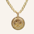 Centenario 50 Pesos coin pendant necklace with iced halo, front view