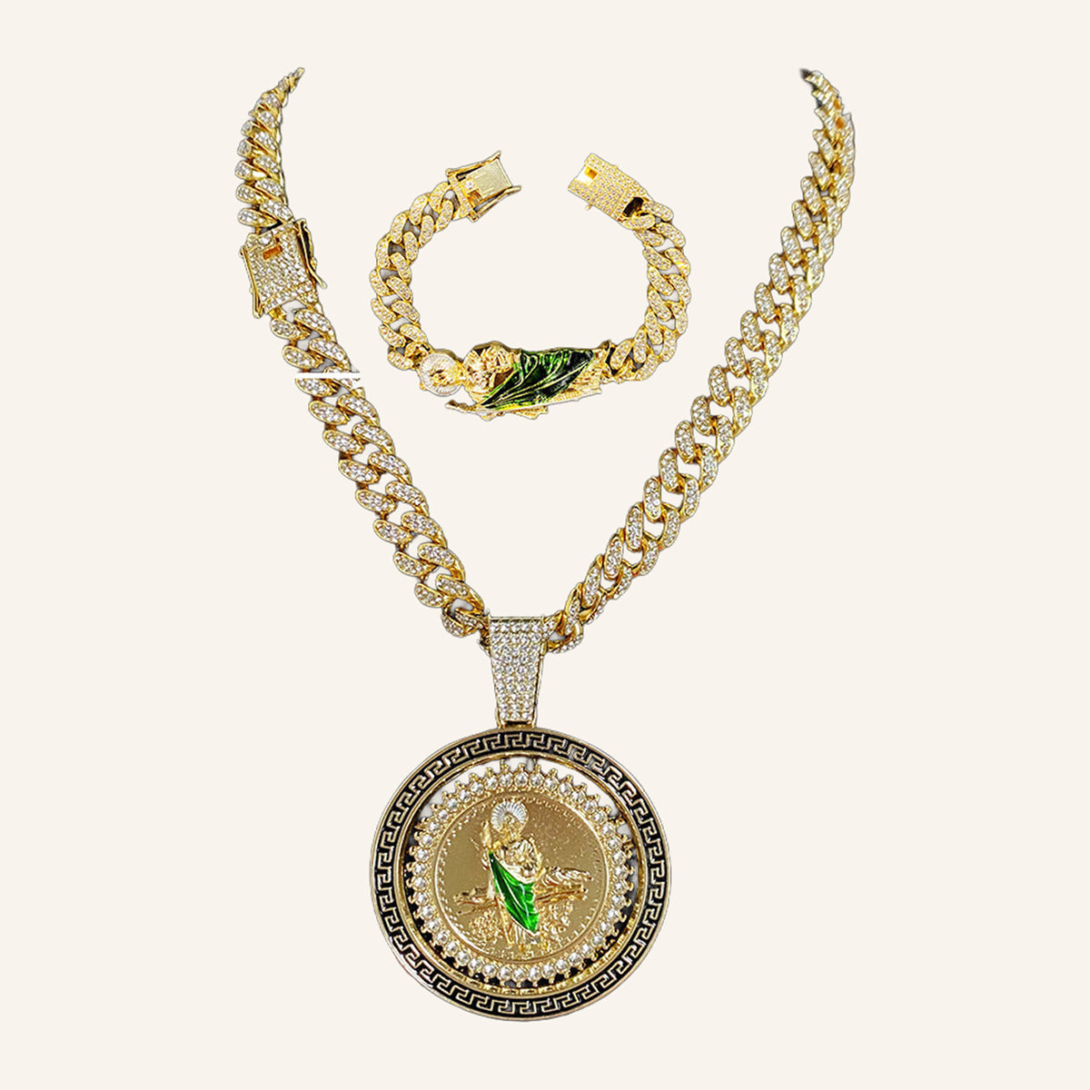 San Judas Tadeo Greek Key Medal Necklace – Green Robe, CZ Cuban Chain