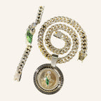 San Judas Tadeo Greek Key Medal Necklace – Green Robe, CZ Cuban Chain – 4