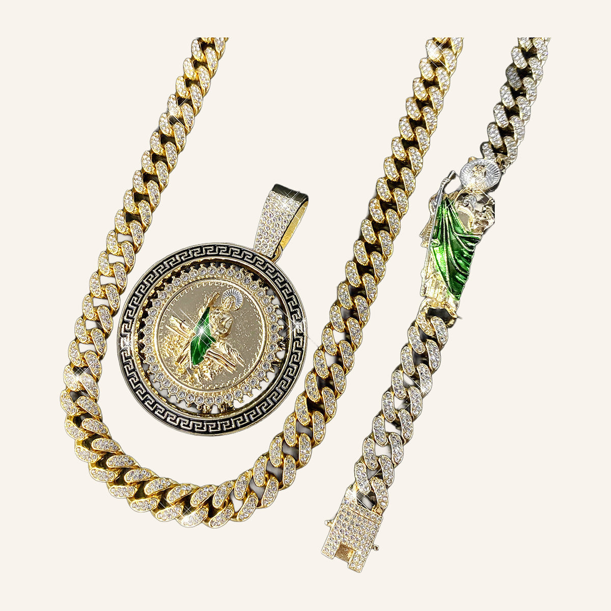 San Judas Tadeo Greek Key Medal Necklace – Green Robe, CZ Cuban Chain – 2