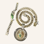 San Judas Tadeo Greek Key Medal Necklace – Green Robe, CZ Cuban Chain – 3