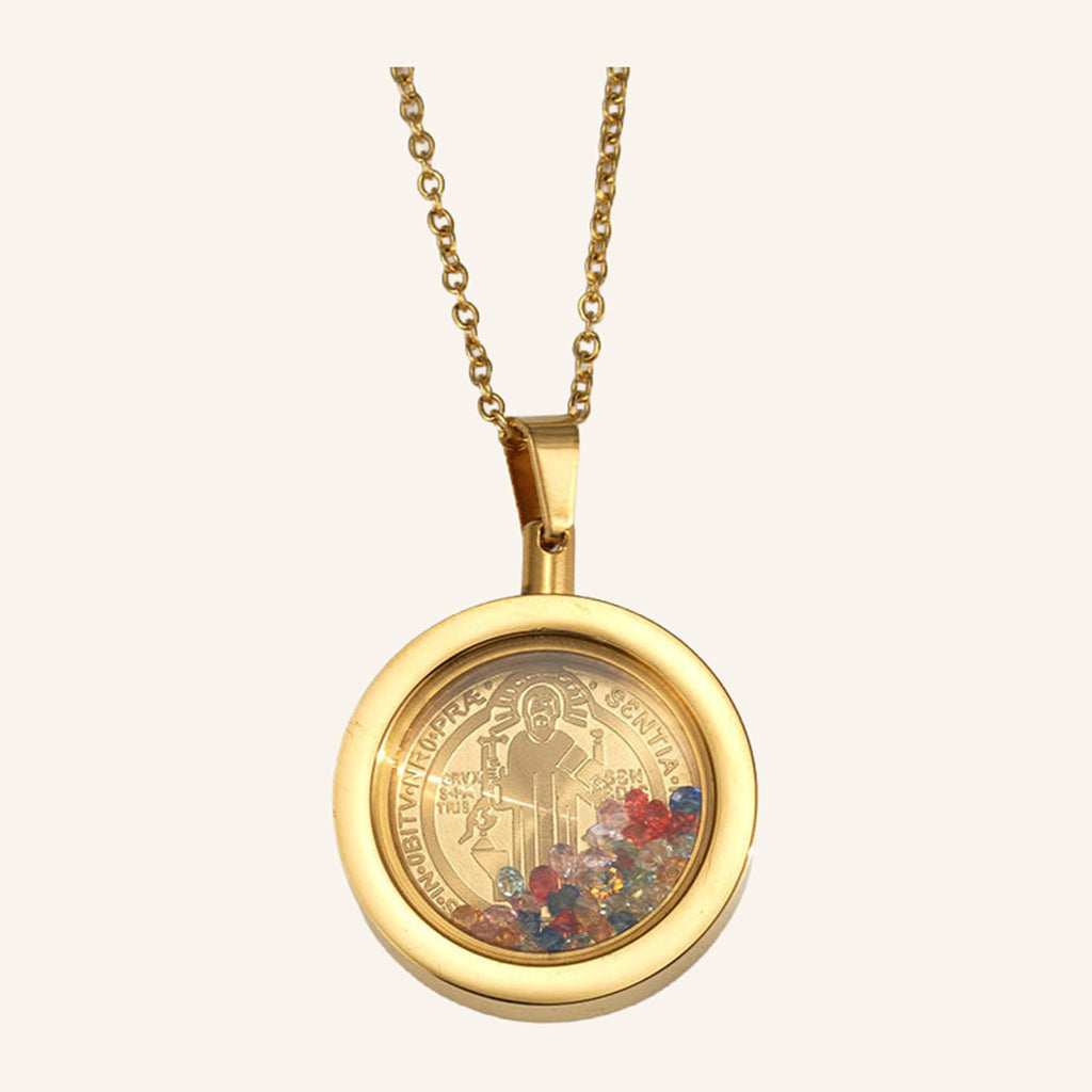 Floating Stones Glass Pendant Necklace – Gold Frame, Fine Chain – 4