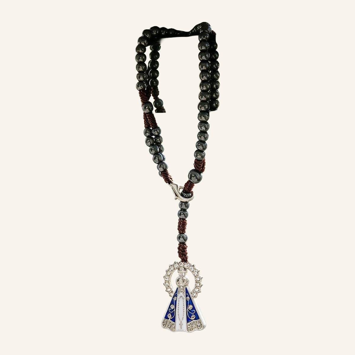Rear-View Mirror Rosary – Dark Beads, Virgen María Medal