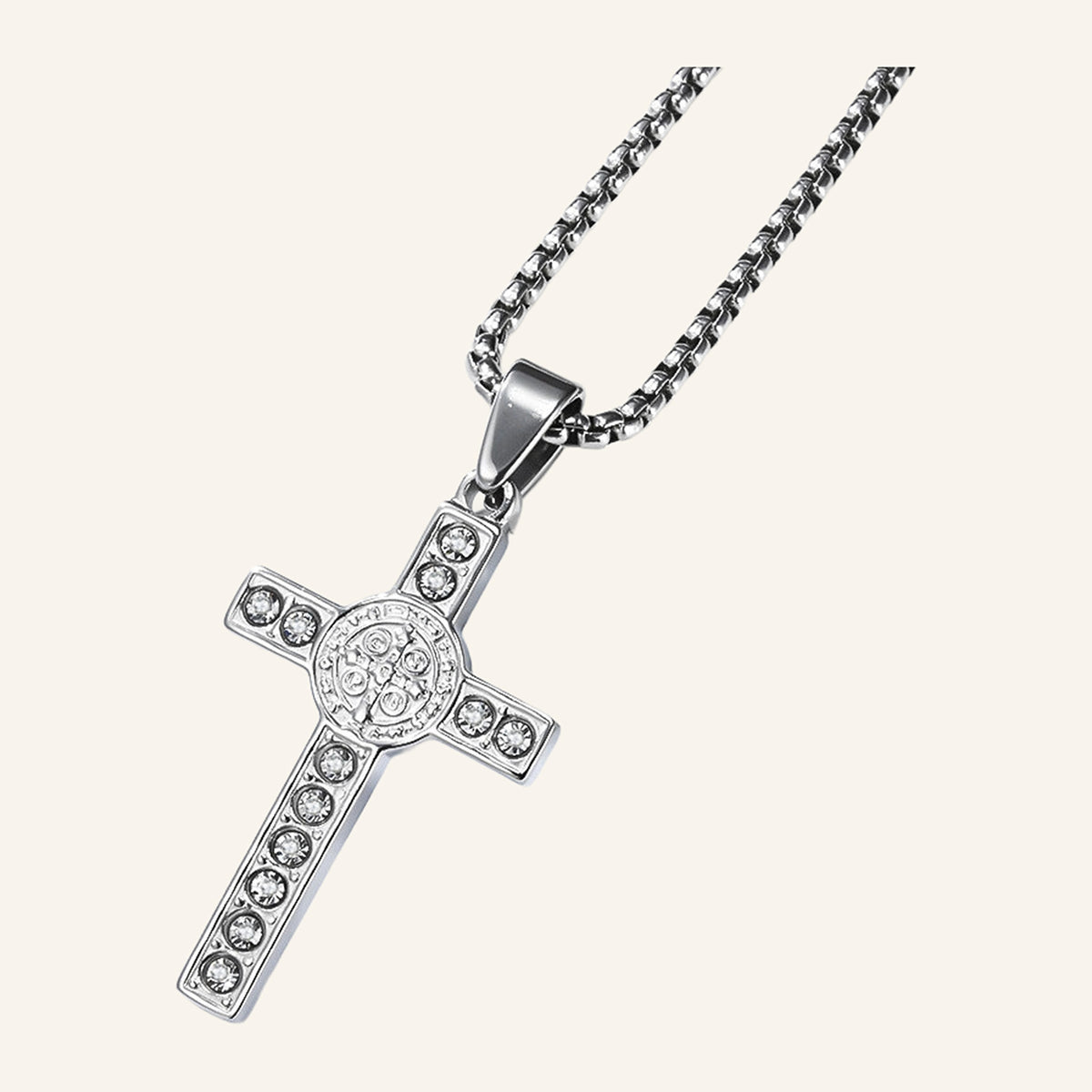 San Benito Cross Necklace – Stone-Set Arms, Silver Tone