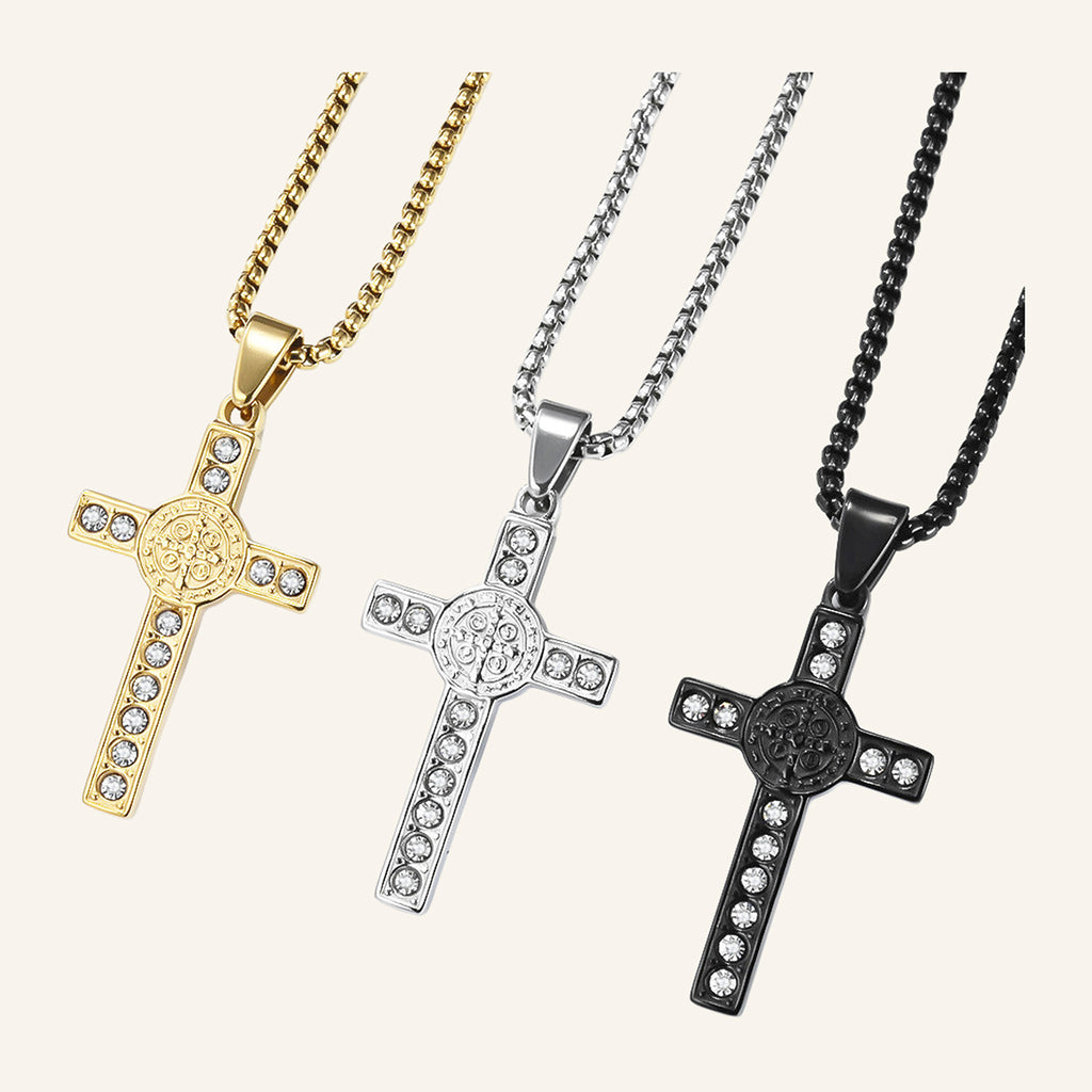 San Benito Cross Necklace – Stone-Set Arms, Silver Tone – 2
