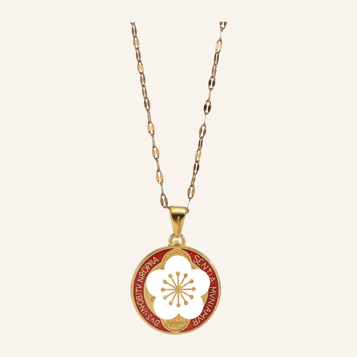 Red Enamel Cross Medal Necklace – Latin Inscription, Fine Chain