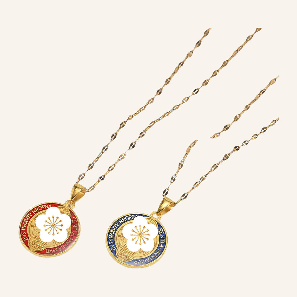 Red Enamel Cross Medal Necklace – Latin Inscription, Fine Chain – 3