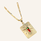 Virgen de Guadalupe Enamel Rays Necklace – Green & Red, Figaro Chain