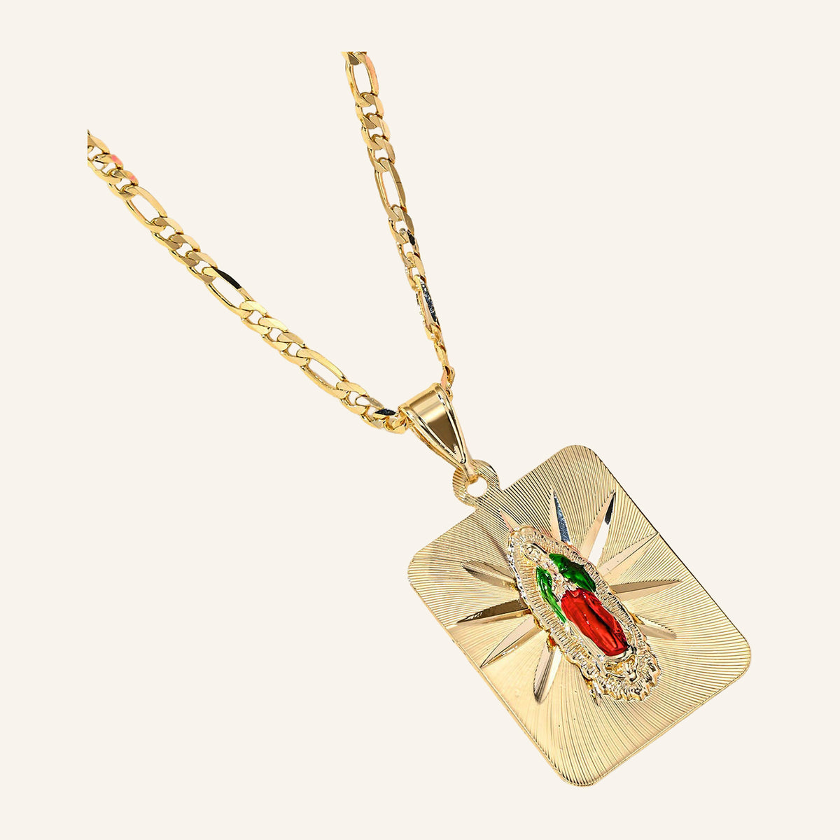 Virgen de Guadalupe Enamel Rays Necklace – Green & Red, Figaro Chain
