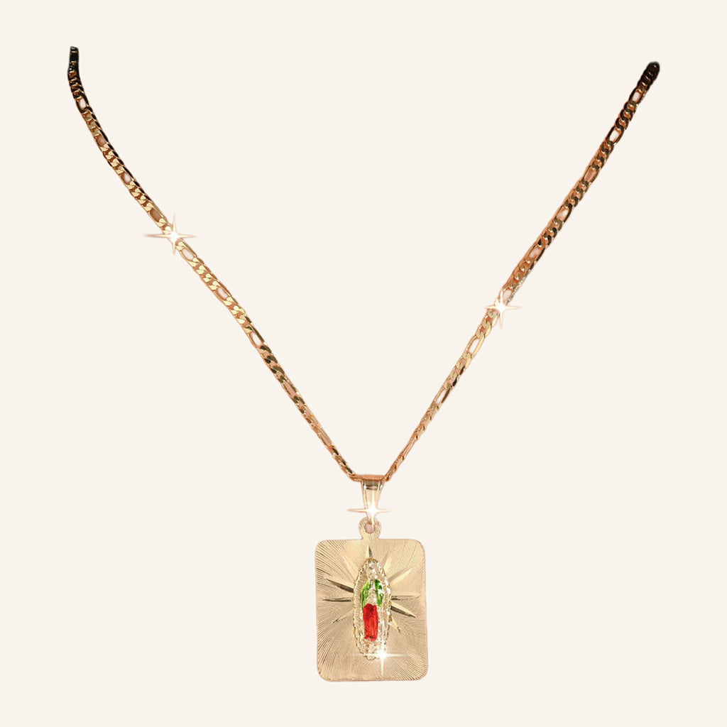 Virgen de Guadalupe Enamel Rays Necklace – Green & Red, Figaro Chain – 4