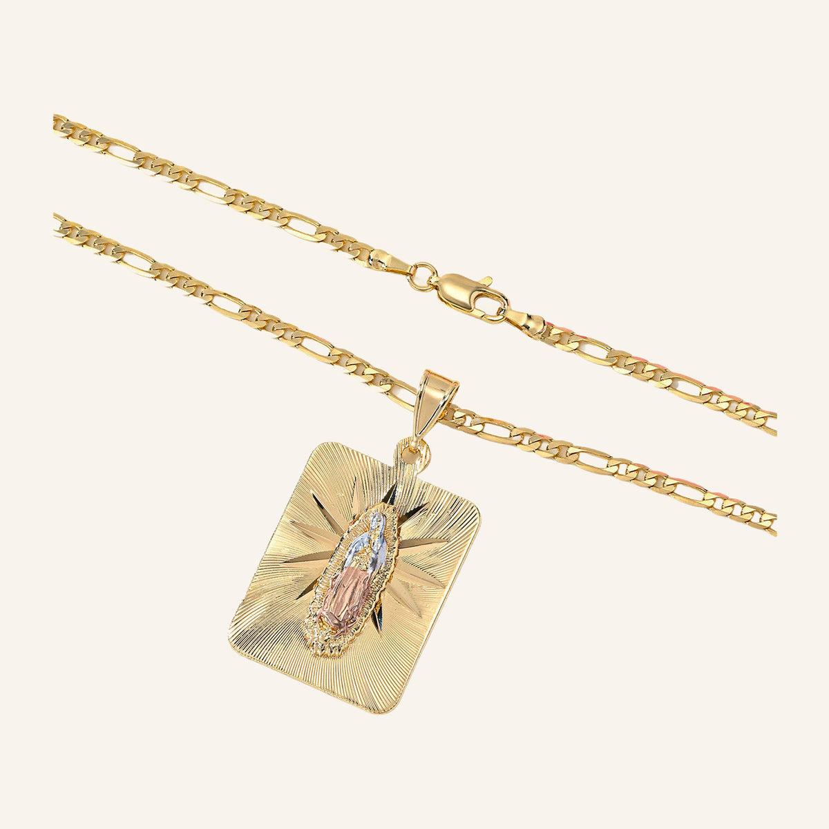 Virgen de Guadalupe Enamel Rays Necklace – Green & Red, Figaro Chain – 3