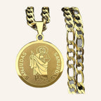 San Judas Tadeo Engraved Medal Necklace – Round, Figaro Chain