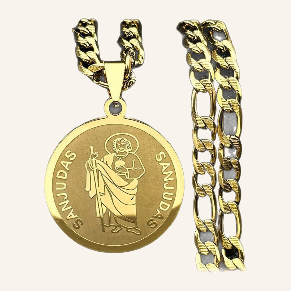 San Judas Tadeo Engraved Medal Necklace – Round, Figaro Chain