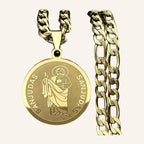 San Judas Tadeo Engraved Medal Necklace – Round, Figaro Chain – 4