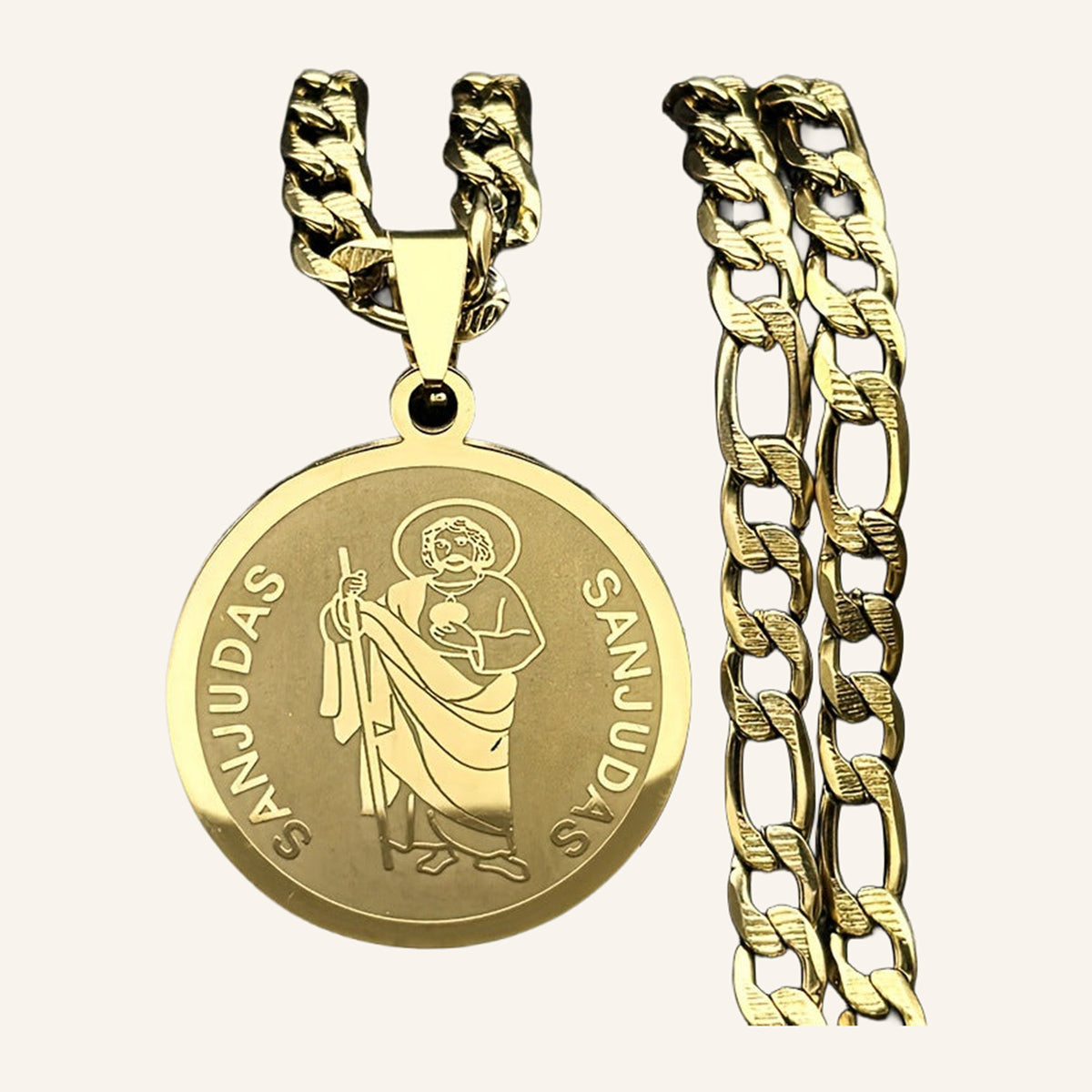 San Judas Tadeo Engraved Medal Necklace – Round, Figaro Chain – 4