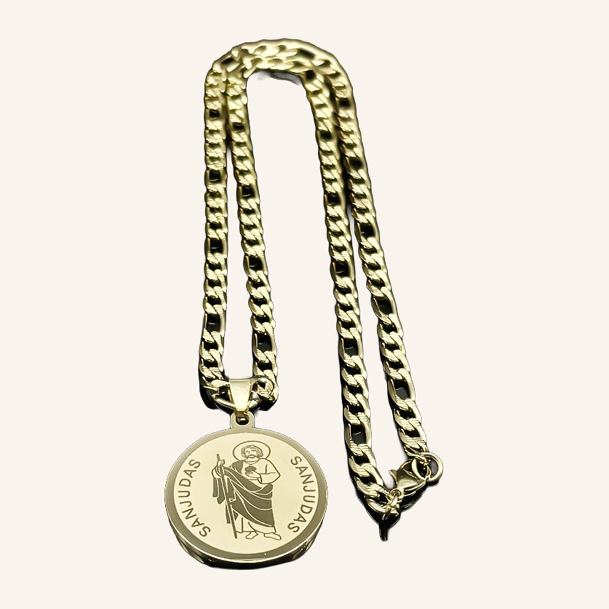 San Judas Tadeo Engraved Medal Necklace – Round, Figaro Chain – 3
