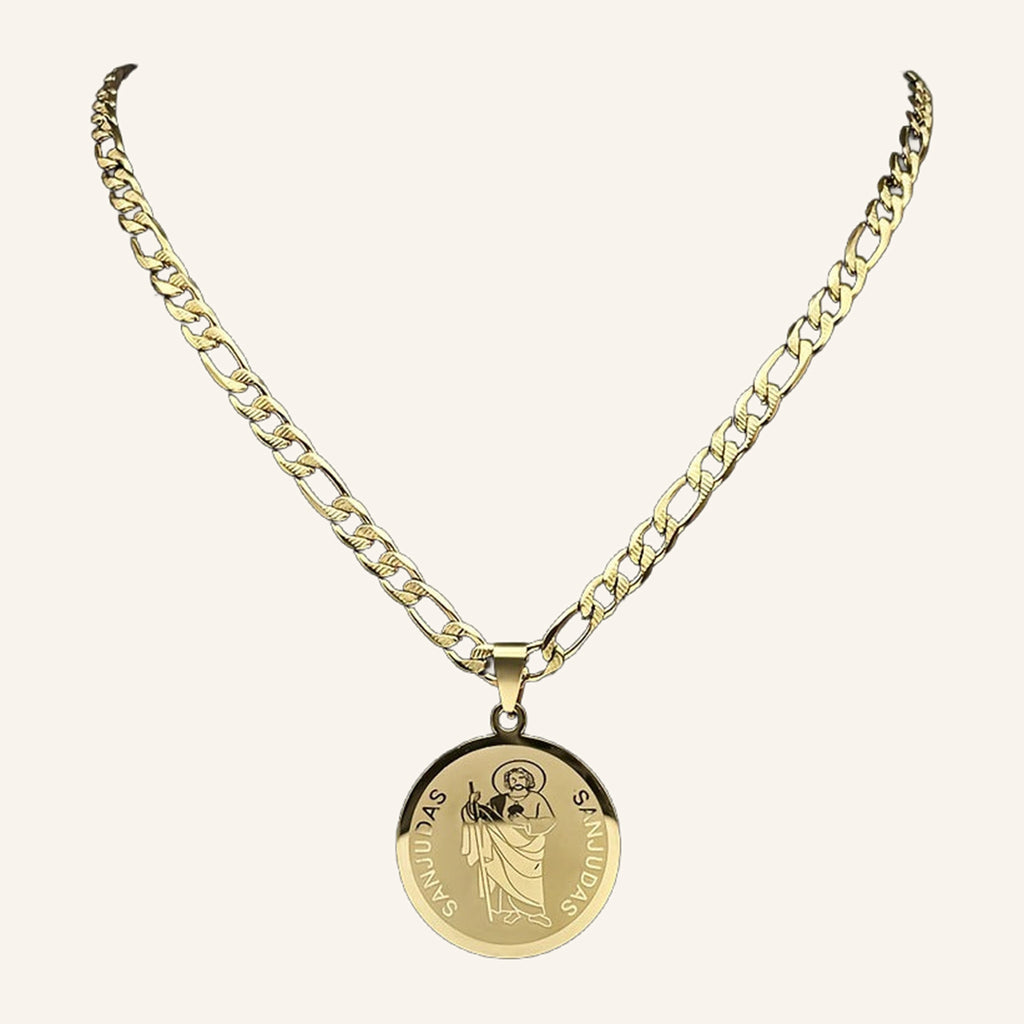 San Judas Tadeo Engraved Medal Necklace – Round, Figaro Chain – 2