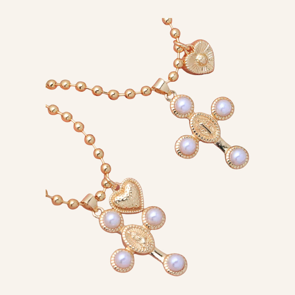 Pearl Cross Necklace – Virgen María Medal Center, Bead Chain – 4