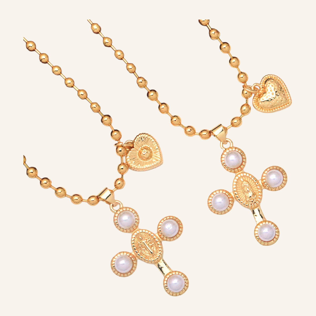 Pearl Cross Necklace – Virgen María Medal Center, Bead Chain – 3