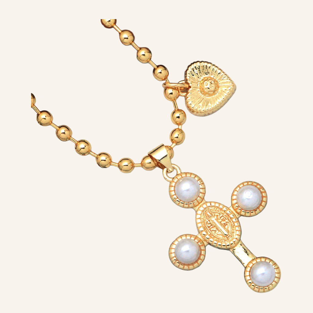 Pearl Cross Necklace – Virgen María Medal Center, Bead Chain