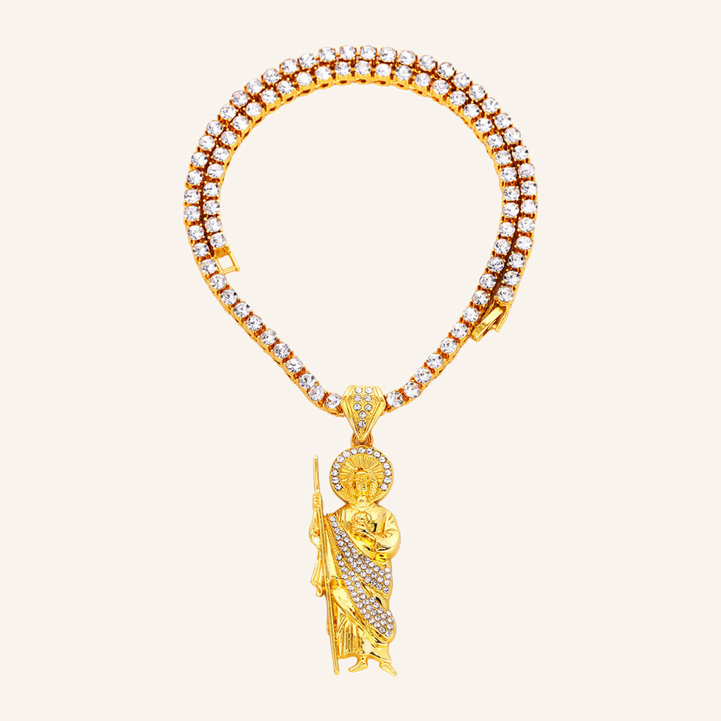 San Judas Tadeo Iced Figure Necklace – CZ Robe, Gold Plated Rope Chain