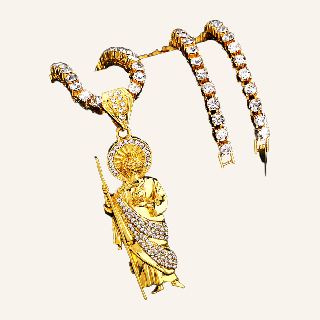 San Judas Tadeo Iced Figure Necklace – CZ Robe, Gold Plated Rope Chain – 2