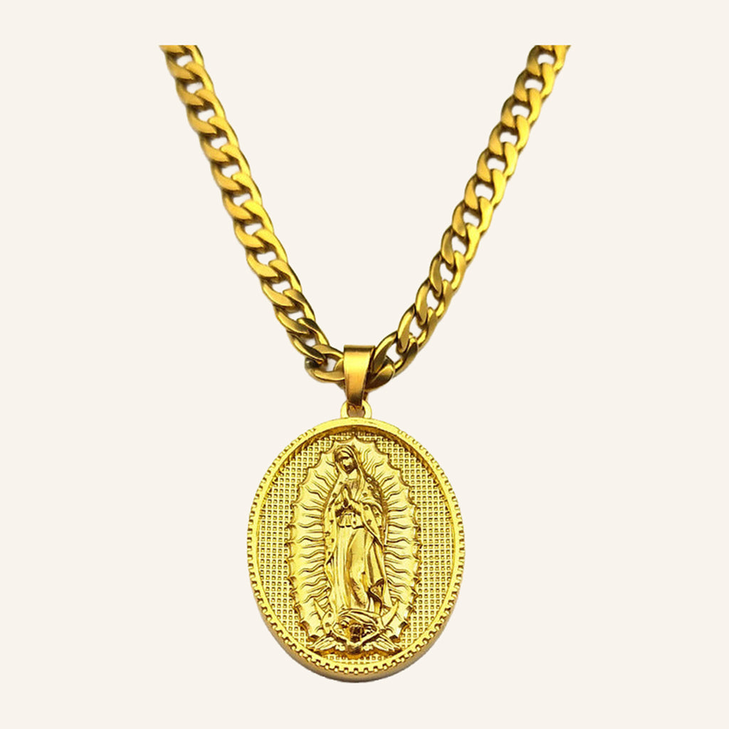 Virgen de Guadalupe Bold Oval Medal Necklace – Deep Relief, Curb Chain