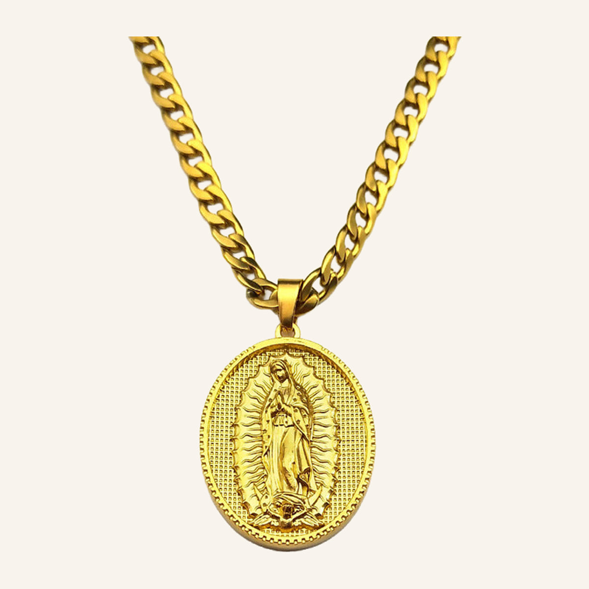 Virgen de Guadalupe Bold Oval Medal Necklace – Deep Relief, Curb Chain