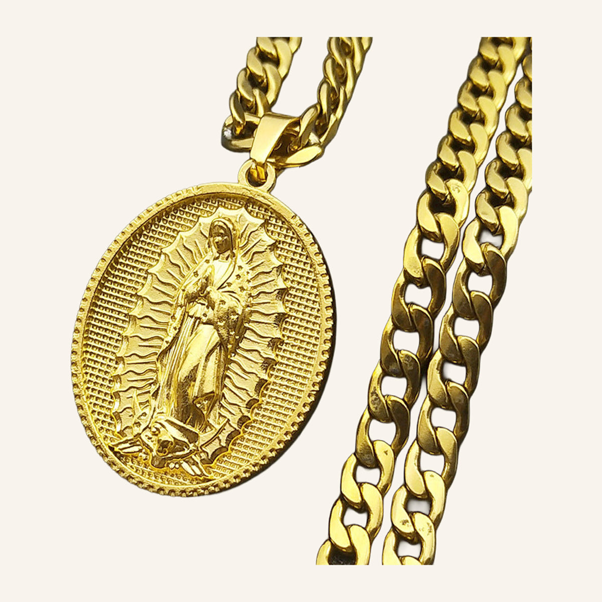 Virgen de Guadalupe Bold Oval Medal Necklace – Deep Relief, Curb Chain – 2