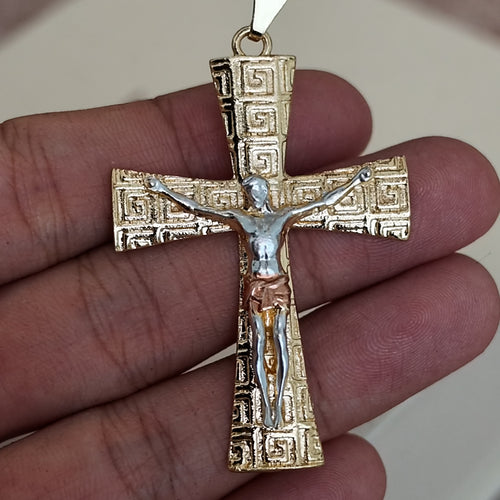Greek Key Crucifix Necklace – Tri-Tone, Textured Gold