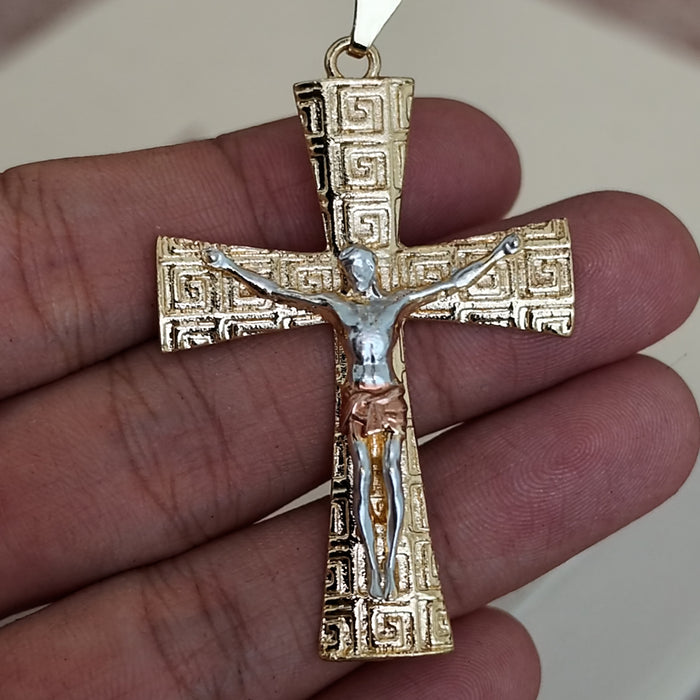 Greek Key Crucifix Necklace – Tri-Tone, Textured Gold