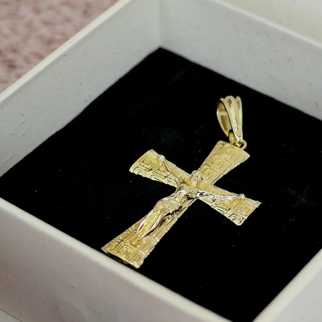 Greek key crucifix pendant in a gift box